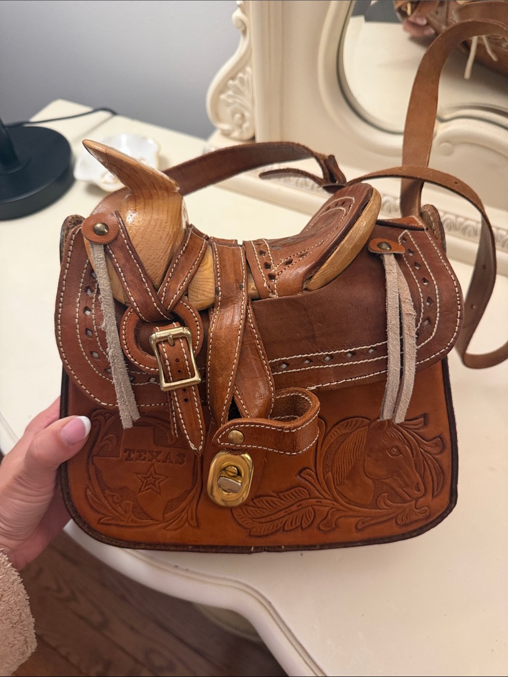 Handcrafted Brown Leather Saddle Bag with Tooled Western Design